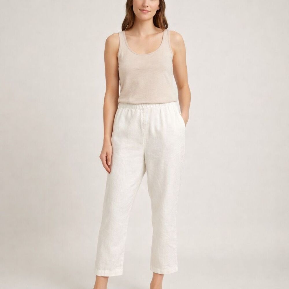 Petite Linen Pants White Elastic Waist Women PL Cropped
